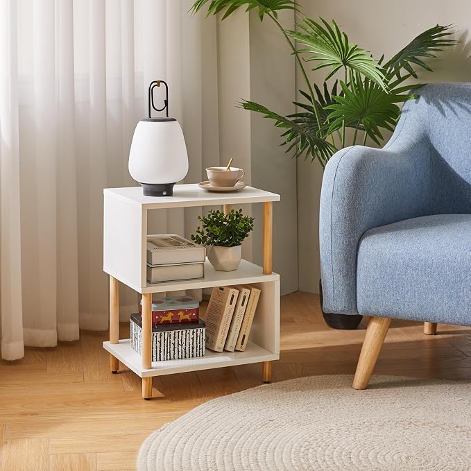Aibiju White Night Stand with Open Storage Shelf, Wood Nightstand S Shape - Image 2
