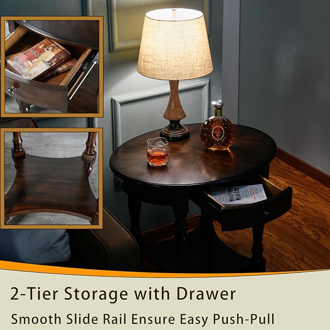Oval End Table with Drawer, Solid Wood Sofa Side Table with Storage Shelf - Image 4