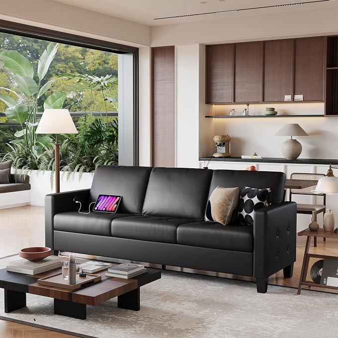 STHOUYN 73” Black Faux Leather Sofa Couch, Modern Comfy Office 3 Seater Couch - Image 9