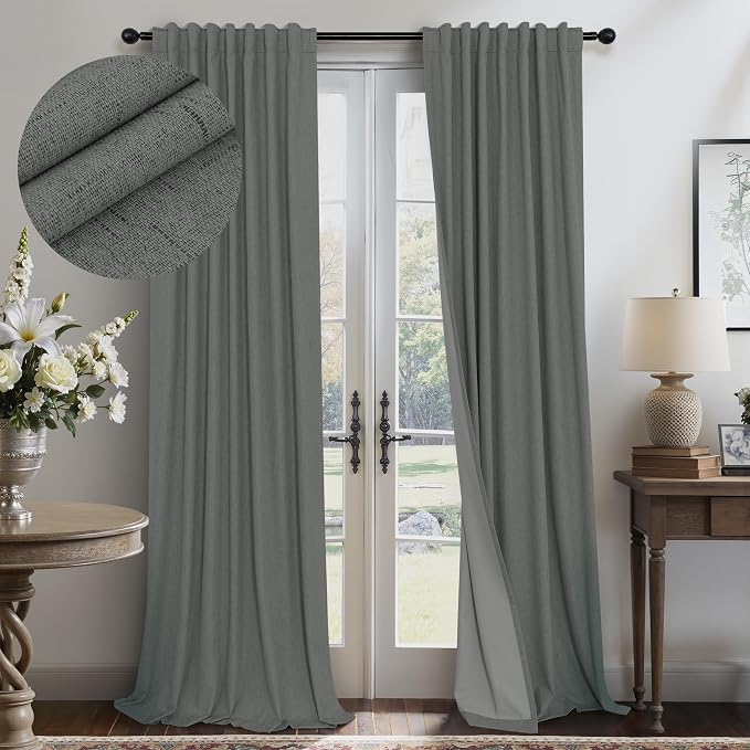 Gray Blackout Curtains 96 Inches Long 2 Panel Burg Linen Textured Charcoal Dark by Pitalk