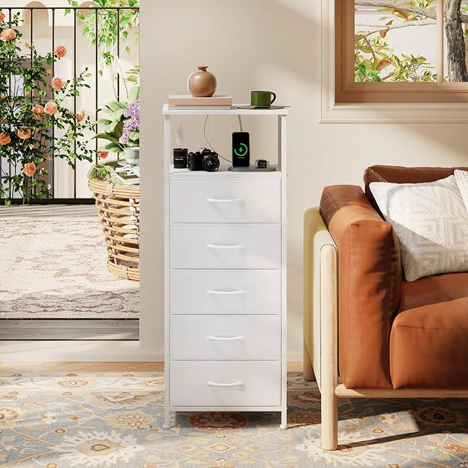 Somdot White Nightstand with Charging Station and LED Light - Image 7