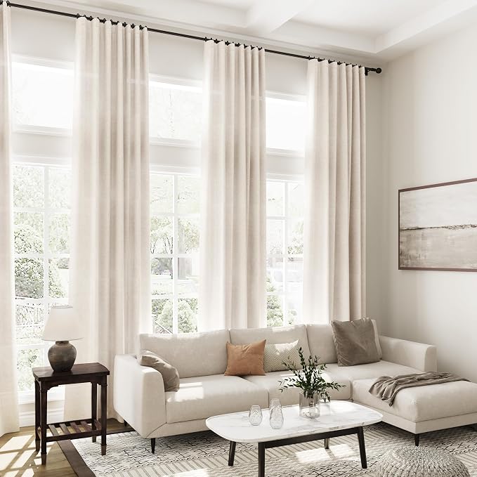 Long Curtain 105 inches Long 2 Panels Set Back Tab Beige Linen Drapes - Image 7