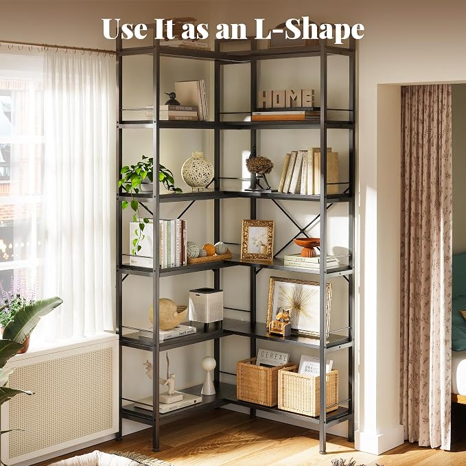 Huuger 6 Tier Bookshelf, L Shaped Corner Bookshelf - Image 2
