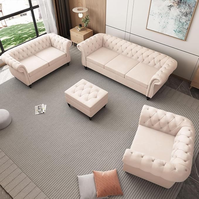 AVZEAR 3 seat Sofa, Velvet Living Room Large Modern Chesterfield Fabric Modern - Image 3