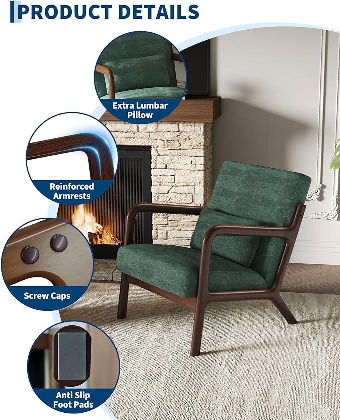 Garvee Mid-Century Modern Accent Chair, Chenille Upholstery, Solid Wood Armchair - Image 4