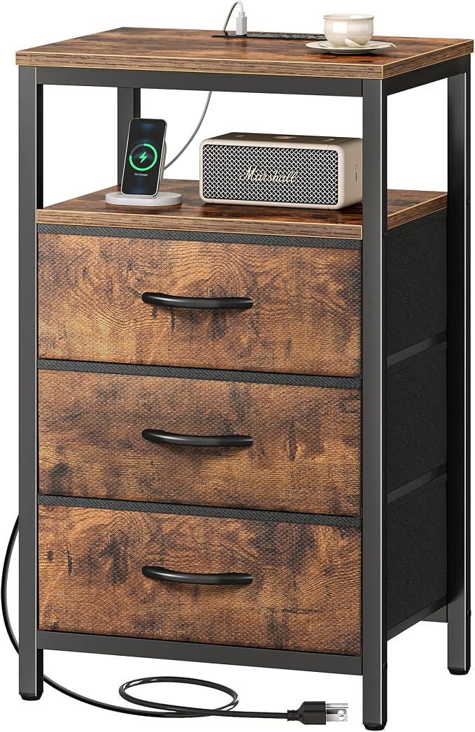 Huuger Nightstand with Charging Station, 27.6 Inch Bedside Table with Fabric by Huuger