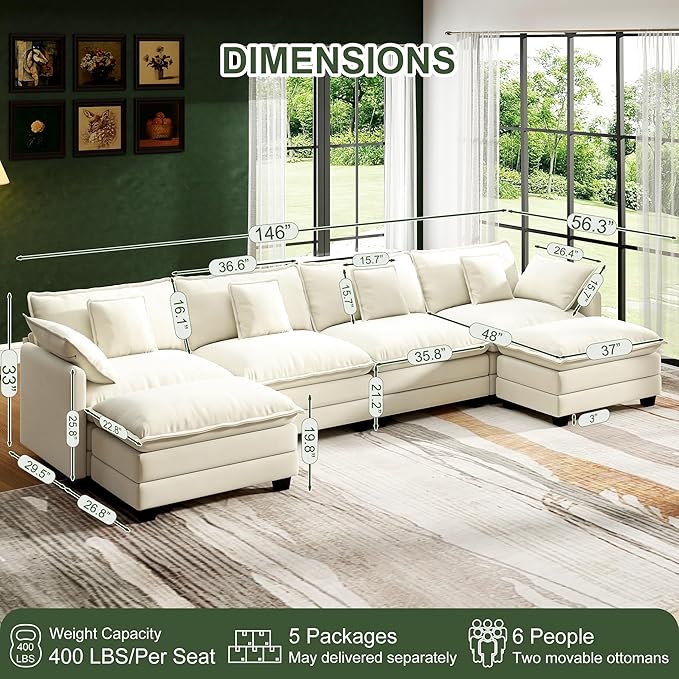 146" Cloud Couch Sectional, U Shaped Modular Sectional Sofa, 4-Seat Deep Seat - Image 2