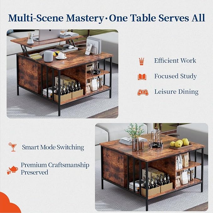 Coffee Table with Storage, Lift Top Coffee Table with Display Shelf and Hidden - Image 5