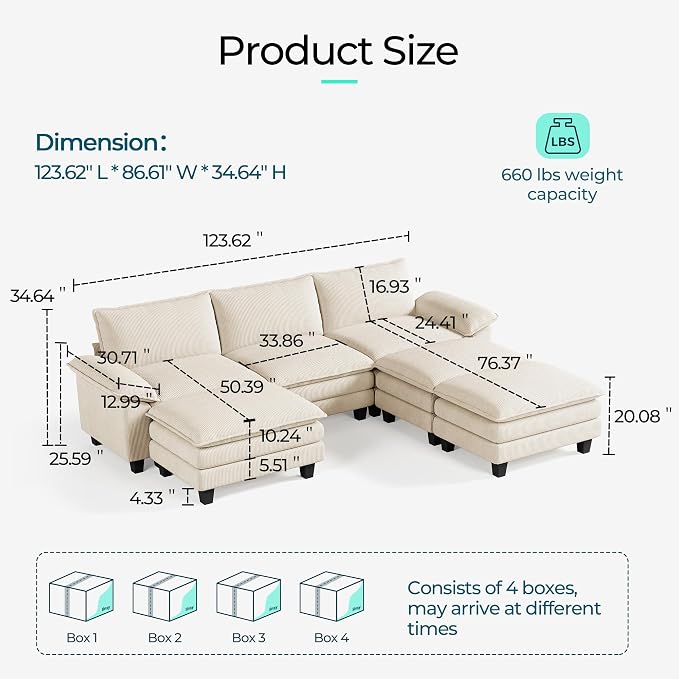 LINSY HOME 123" Modular Sectional Sofa, 3-Seat Corduroy Modern Cloud Couch - Image 2