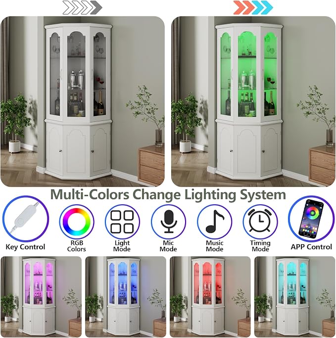 Gyfimoie Corner Bar Cabinet w/LED Lights, Tall Modern Wine Cabinet - Image 5