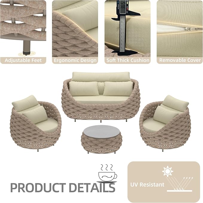 TWT Patio Furniture Sofa Set 4 Pieces Aluminum Outdoor Furniture w/25.6in - Image 5