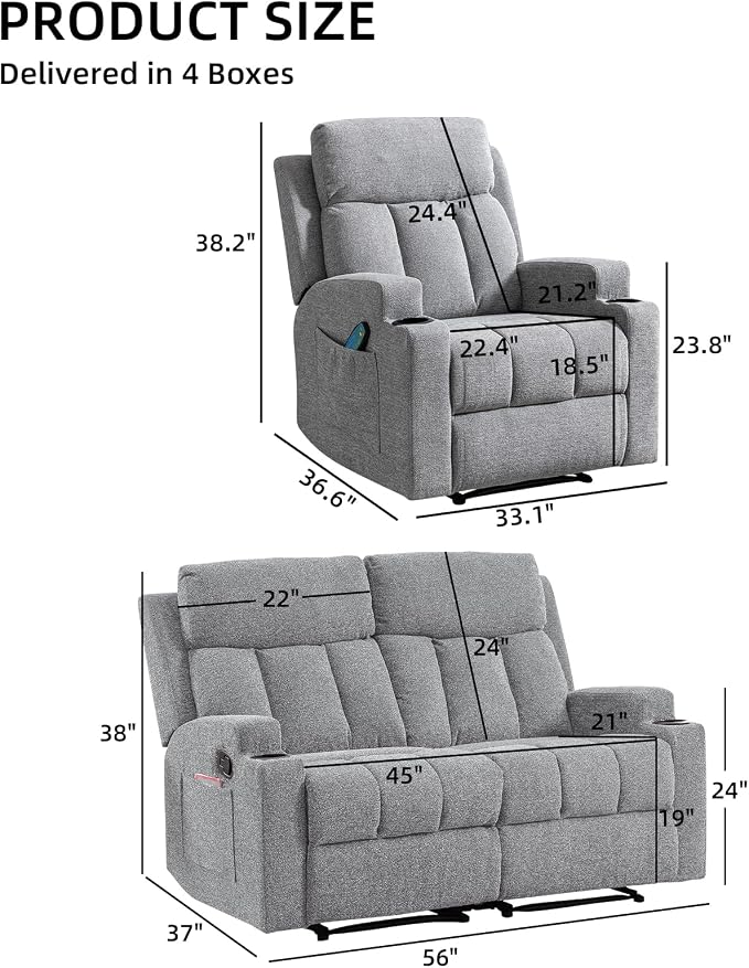 CANMOV Manual Recliner Sofa Set, Fabric Recliner Living Room Furniture Sets - Image 2
