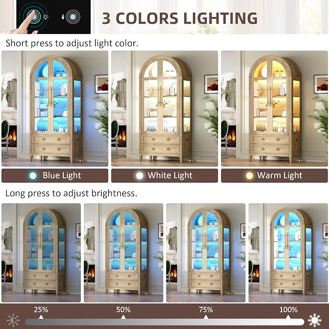 Arched Curio Cabinet with Glass Doors, 4-Tier Display Cabinet with 2 Drawers - Image 3