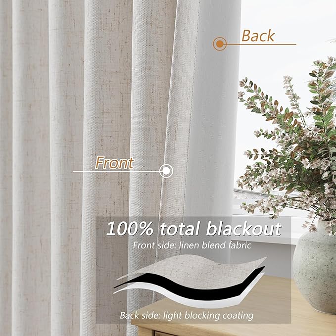 Guken Light Beige Linen 100% Blackout Curtains 96 Inches Long Floor to Ceiling - Image 4