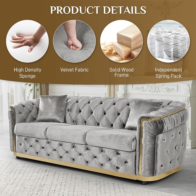 DAMAIFROM Velvet Couch Grey and Gold Sofa Luxury Loveseat 84.6" Mid Century - Image 4