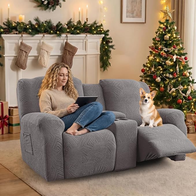Recliner Loveseat Covers with Console, 6-Piece Stretch Geometric Strokes - Image 5