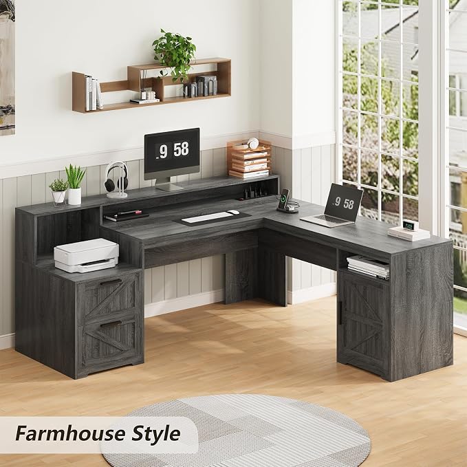 YOMILUVE 63" Farmhouse L Shaped Executive Desk - Image 3