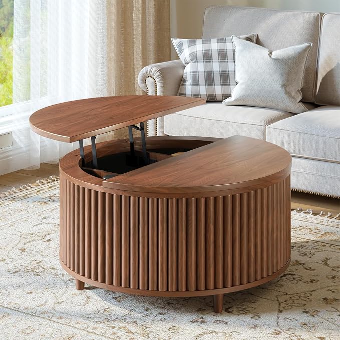 Evermagin 31.5'' Round Coffee Table, Fluted Lift Top Oak Coffee Table - Image 5