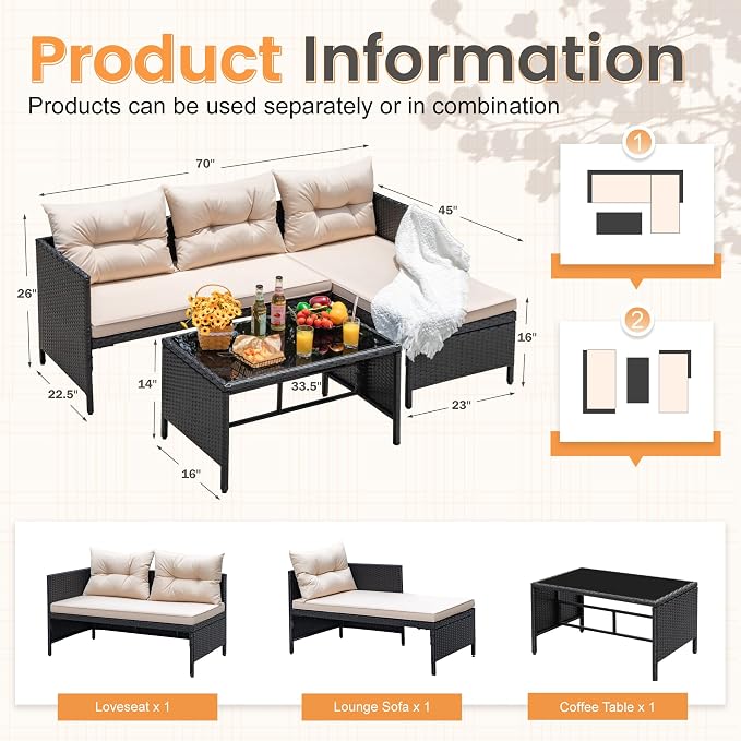 Devoko Outdoor Patio Furniture 3-Piece Rattan Waterproof Outdoor Sectional Sofa - Image 4