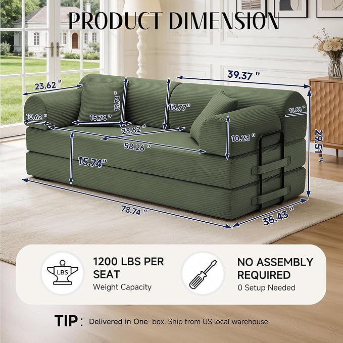 79'' Convertible Sofa Bed, 6 in 1 Folding Floor Futon Couch Sleeper - Image 2