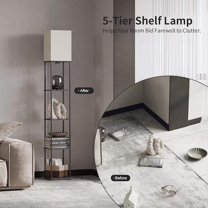 SUNMORY 5 Tier Floor Lamp with Shelves, Modern Square Standing Lamp with 3 - Image 4