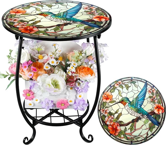 Cinnvoice Outdoor Side Table Round Small Mosaic Patio Accent Indoor End Plant by Cinnvoice