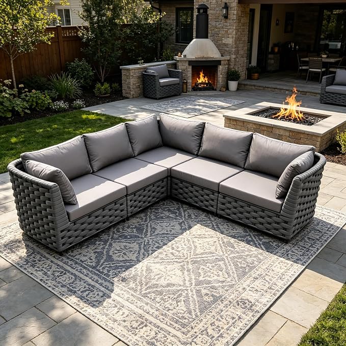 TWT Dark Gray 5-Piece Modular Outdoor Sofa, 5-Seater Free Combination Sectional - Image 6