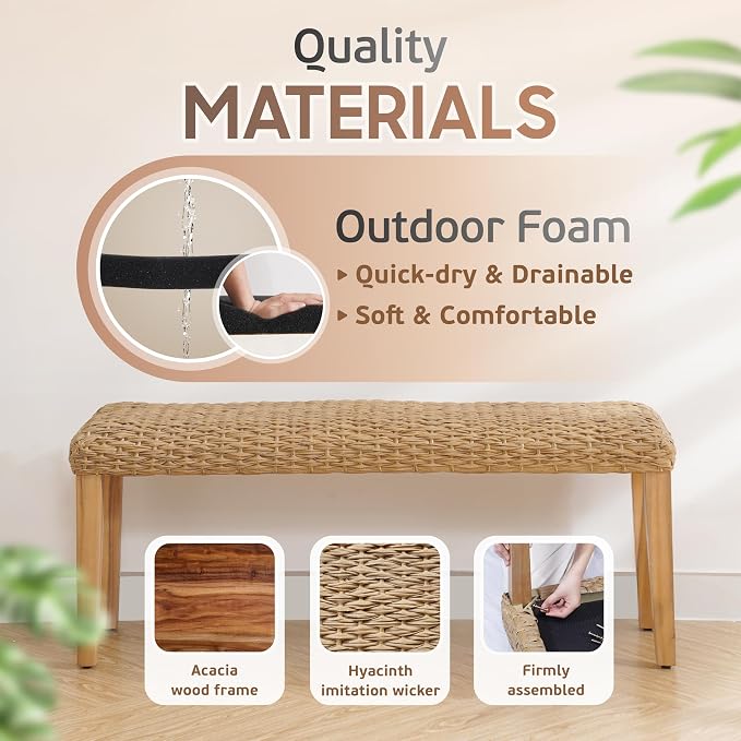 Outdoor Backless Bench, All-Weather Wicker & Solid Acacia Wood, Premium Garden - Image 5