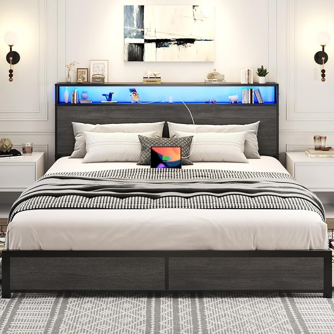 Lifezone King Bed Frame with 2-Tier Storage Headboard, Metal Platform Bed Frame - Image 5