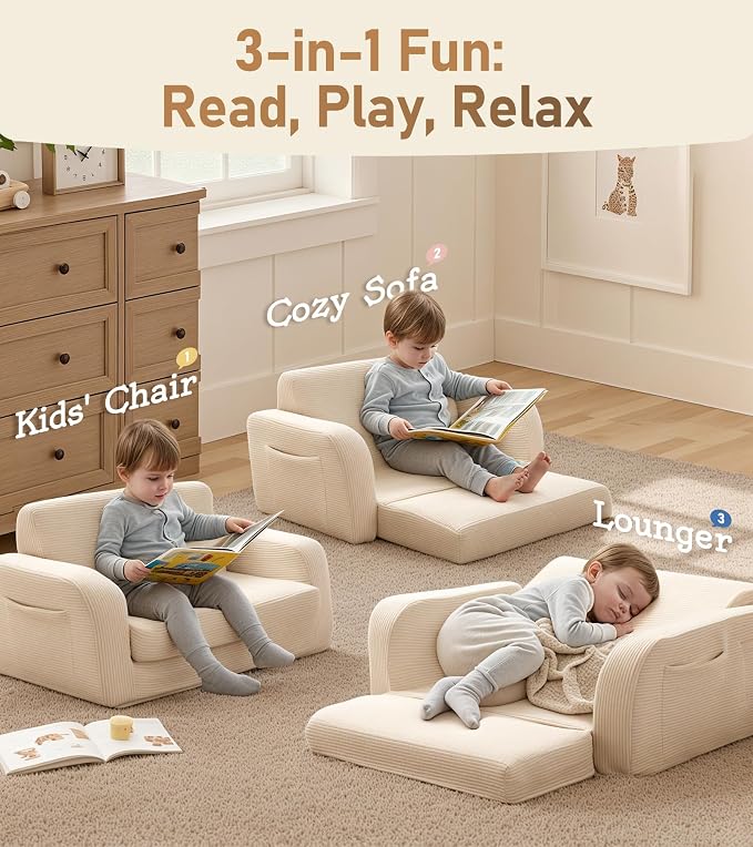 3-in-1 Extra Wide Convertible Kids Couch, Flip Open Toddler Couch to Lounger - Image 3
