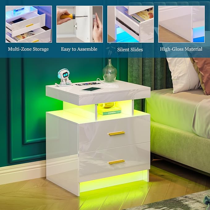 WOOVIVS Night Stand Set 2 with USB/Type-C/Wireless Charging Station, Modern - Image 7