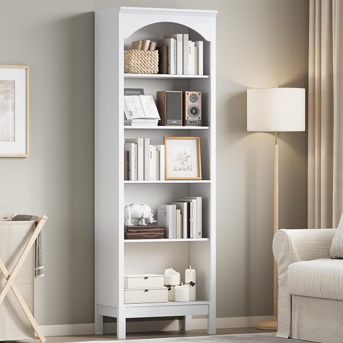 Arched Set of 2 Bookshelf with 5 Tier Open Shelves, Living Room, Modern White - Image 6