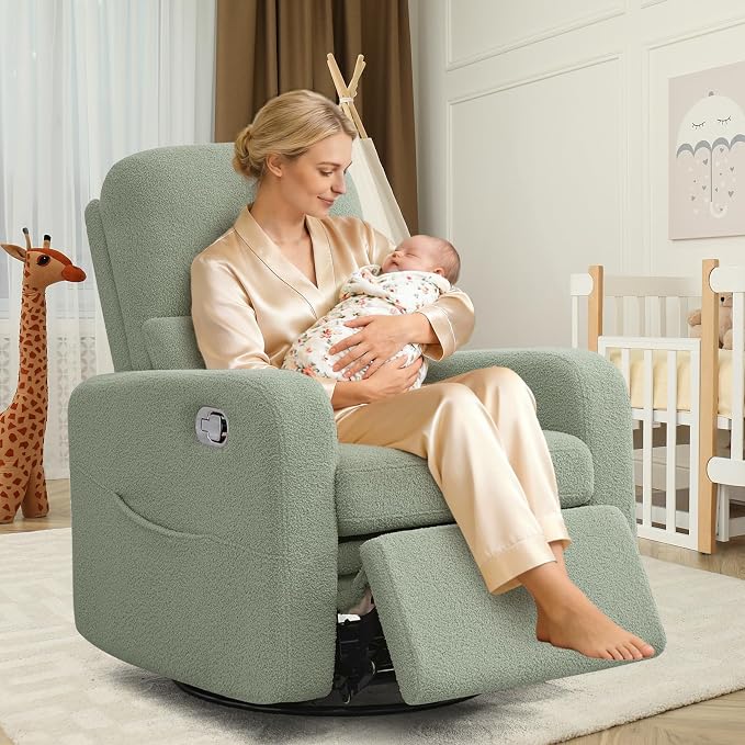 Swivel Rocker Recliner, Oversized Manual Boucle Nursery Glider Rocking Recliner - Image 6