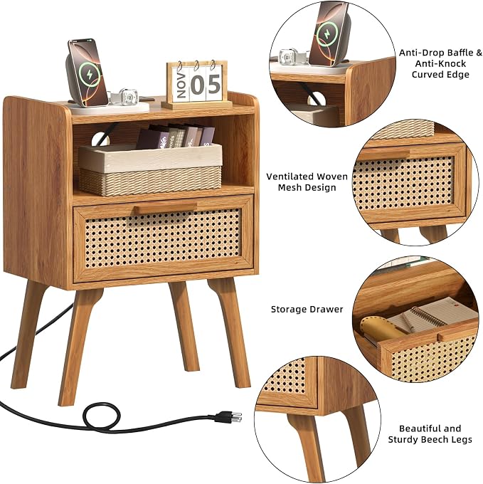 Lerliuo Rattan Nightstand with Charging Station, Side Table with Drawer - Image 9