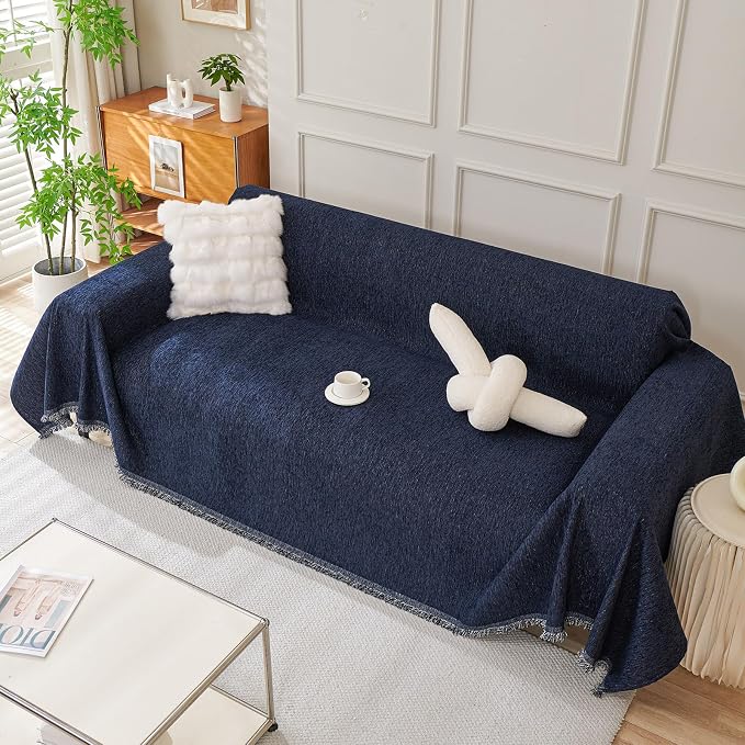 DREAMINGO Navy Blue Couch Cover Thick Chenille Couch Cover Blanket - Image 7