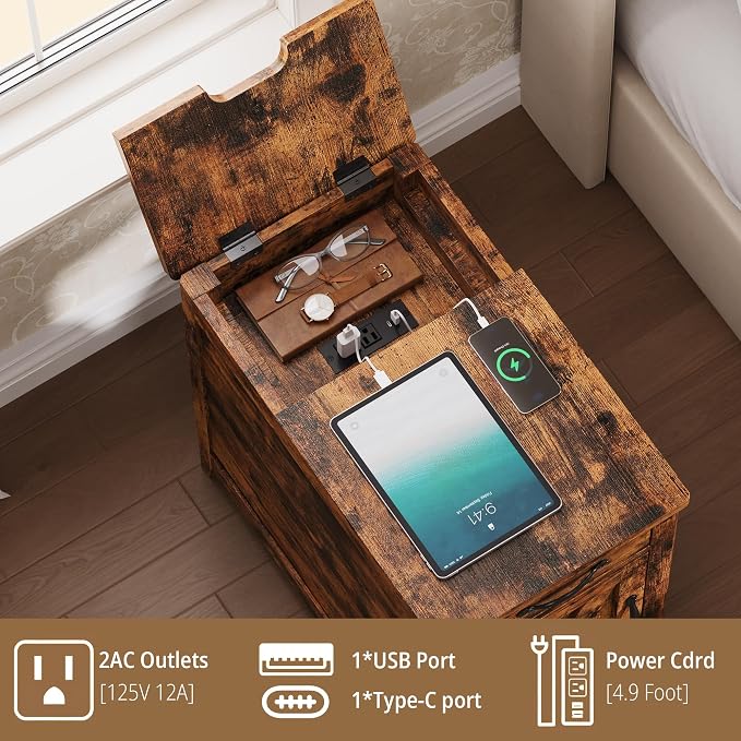 IRONCK End Table with Charging Station, Narrow Side Table - Image 6