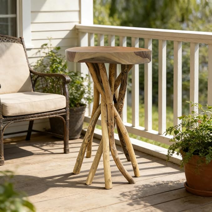 Greenage Teak Branch Coffee Table 15.7"x15.7"x27.6" Wooden Live Edge Side Table - Image 8