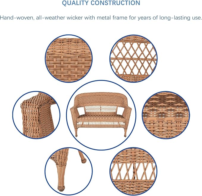 Jeco Wicker Patio Love Seat and Coffee Table Set in Honey Without Cushion - Image 7