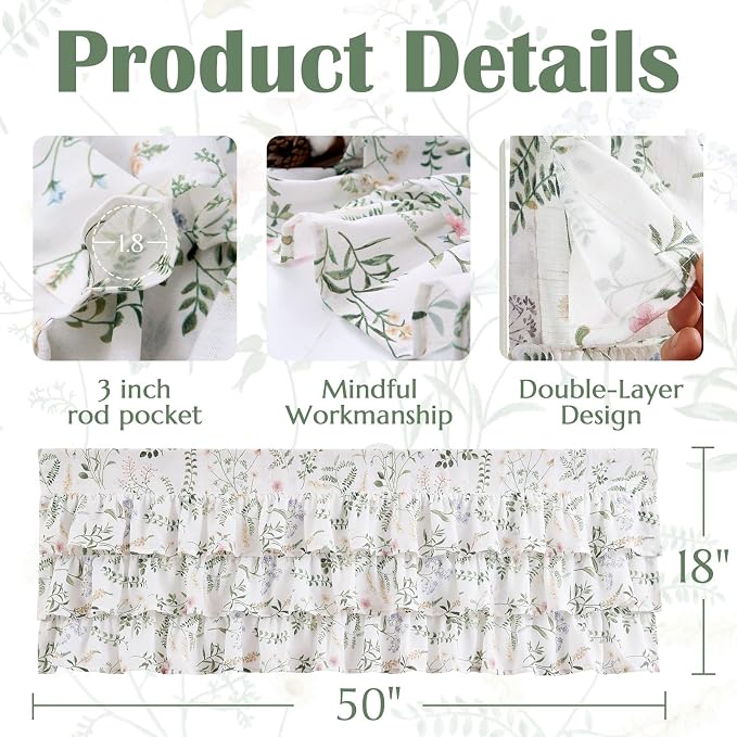 jinchan Ruffled Floral Valance Linen Shabby Chic Small Window Curtain 18 Inch - Image 5