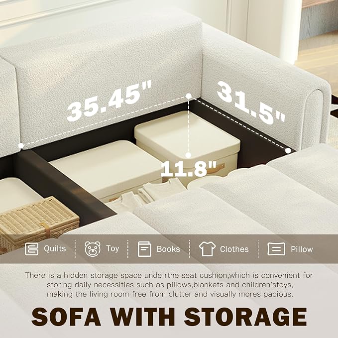 KEIKI 90.2" 4-Seater Modern Convertible Sofa Bed – Teddy Fabric Couch - Image 8