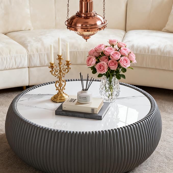 SSLine Round Drum Coffee Table Modern Sintered Stone Top Coffee Table in Grey - Image 7