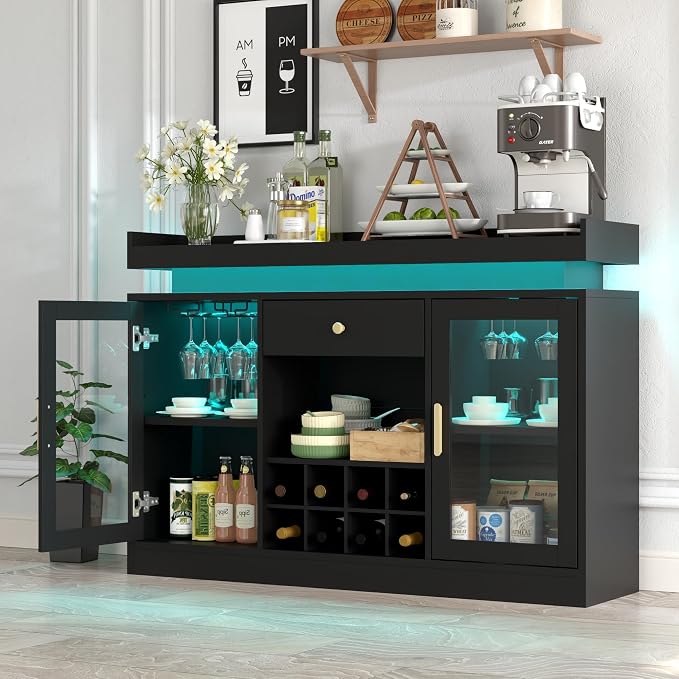 Wine Bar Cabinet with LED Light, Home Coffee Bar Cabinet with Wine and Glass - Image 3