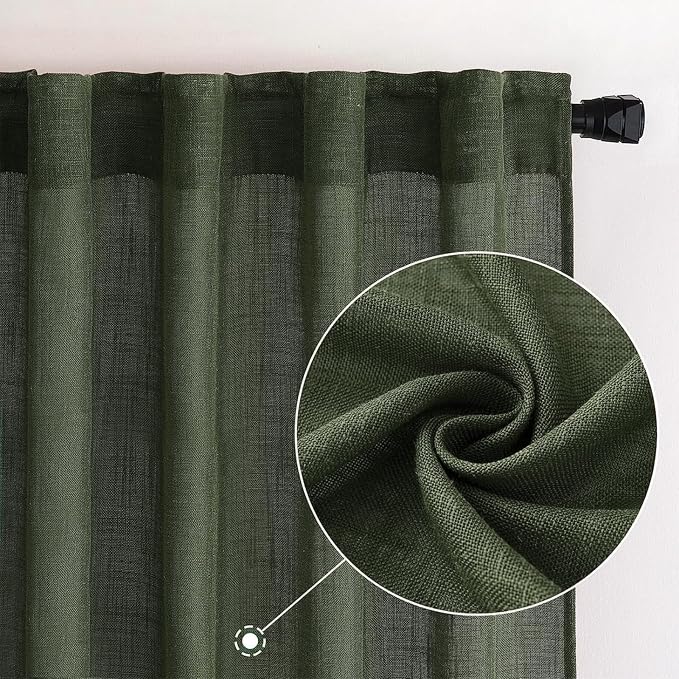 MIULEE Olive Green Linen Curtains 90 Inch Length 2 Panels - Image 2