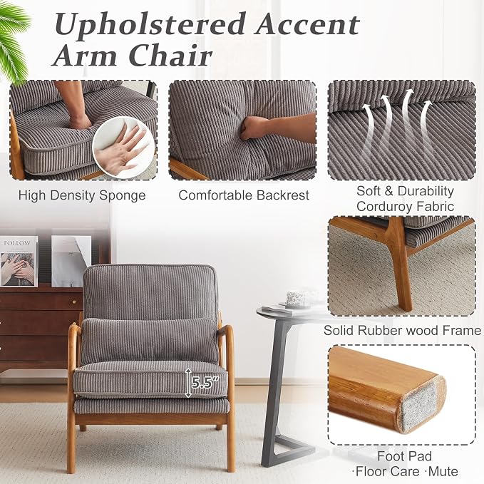 VINGLI Upgraded Premium Corduroy Accent Chairs Set of 2, Upholstered Arm Chair - Image 5