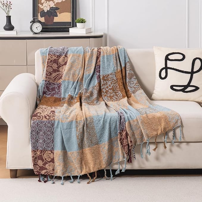 Bohemian Chenille Throw Blanket, Boho Jacquard Tassels Cover by Unknown
