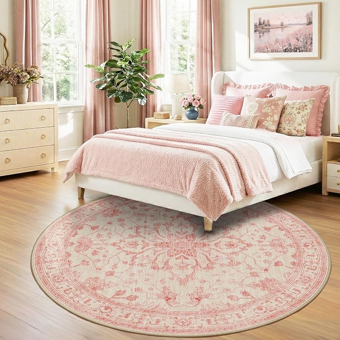 RELEANY Area Rugs Round 8ft Washable Non-Slip, Floral Vintage Distress Print - Image 3