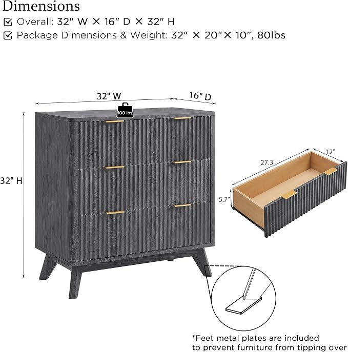 T4TREAM Fluted 3 Drawers Nightstand, Oversized Extra Large Modern Side Table - Image 2