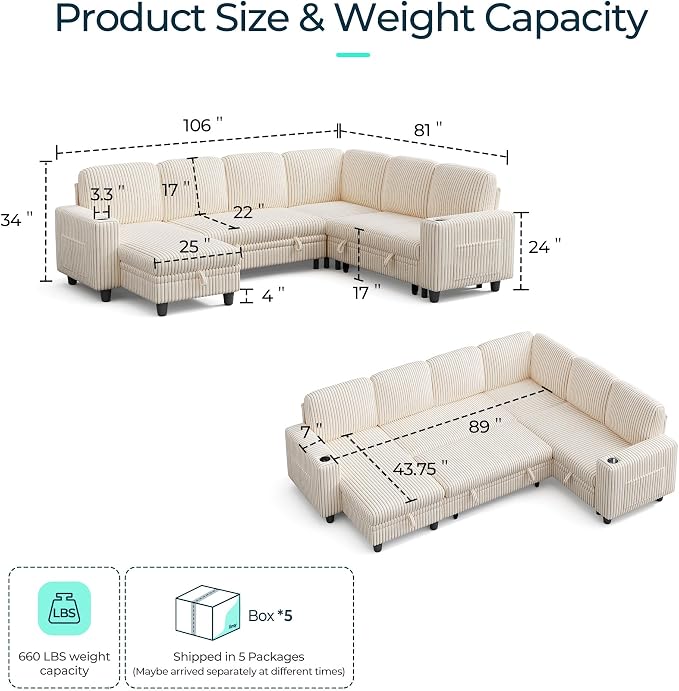 LINSY HOME Sectional Sofa with Pull Out Bed, 6 Seats Corduroy Reversible - Image 2