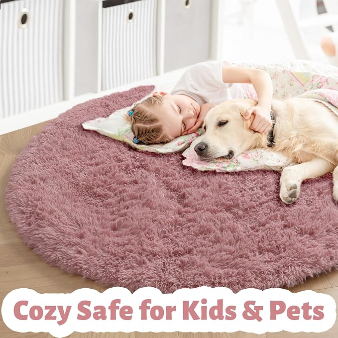 Blush Pink Big Round Rug 8Ft for Kids Bedroom, Large Fluffy Fuzzy Furry Circle - Image 2