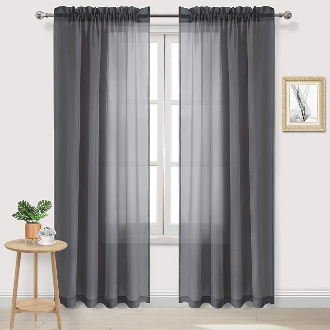 DWCN Dark Gray Sheer Curtains Semi Transparent Voile Rod Pocket Curtains by DWCN